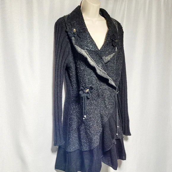 Sioni Women's Cardigan Vintage Inspired Artsy Black Wool & Mohair Blend (L) - Picture 3 of 15